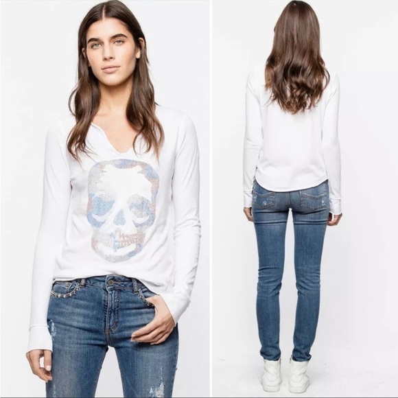 Zadig & Voltaire White Long Sleeve Embellished Skull Henley Sz S NWT - Picture 2 of 9